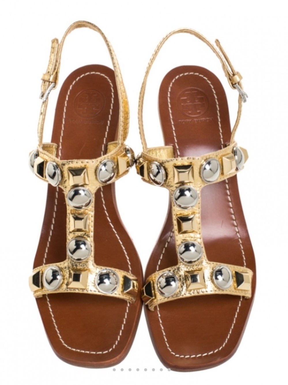 Tory Burch Natalia gold & silver studded T-strap block heel sandals Sz 6.5 - Picture 3 of 9